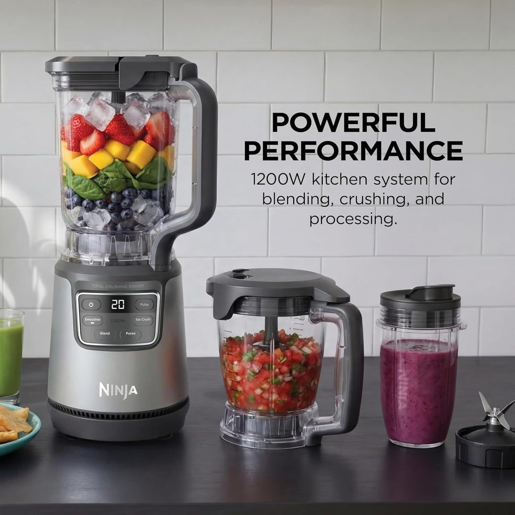 Ninja BlendPro Kitchen System, 72oz Blender, 5-Cup Processor, Beige, BO402 | Total Crushing presets for smoothies, ice crush, purees & extracts. 72-oz blender + 5-cup processor + 18-oz cup. 1200W.