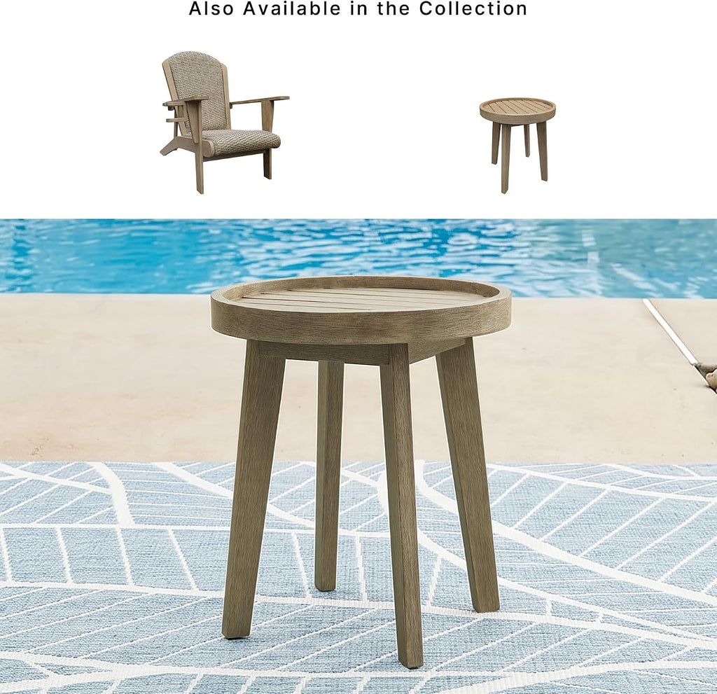 Signature Design by Ashley Coastal Reef Round Outdoor End Table, Beige | Weather-resistant eucalyptus wood, Slatted tabletop for quick water drainage, 19-inch round accent table