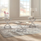 Signature Design by Ashley Hollynyx Round Glass Coffee Table Set of 3 | Tempered glass and chrome frames, Includes 38-in round coffee table and 2 26-in end tables, Adjustable levelers