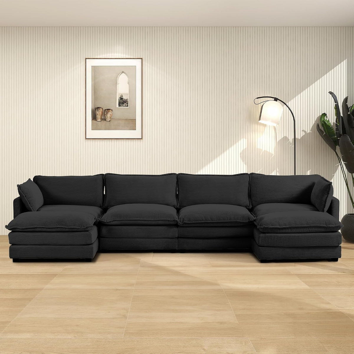 ROWHY 112'' Sectional Modular Cloud Couch, Oversized 5 Seat Couches U Shaped Sofa with 2 Movable Ottomans, 2 Throw Pillows, Upholstered Corduroy U Shape Comfy Deep Couches for Living Room, Beige