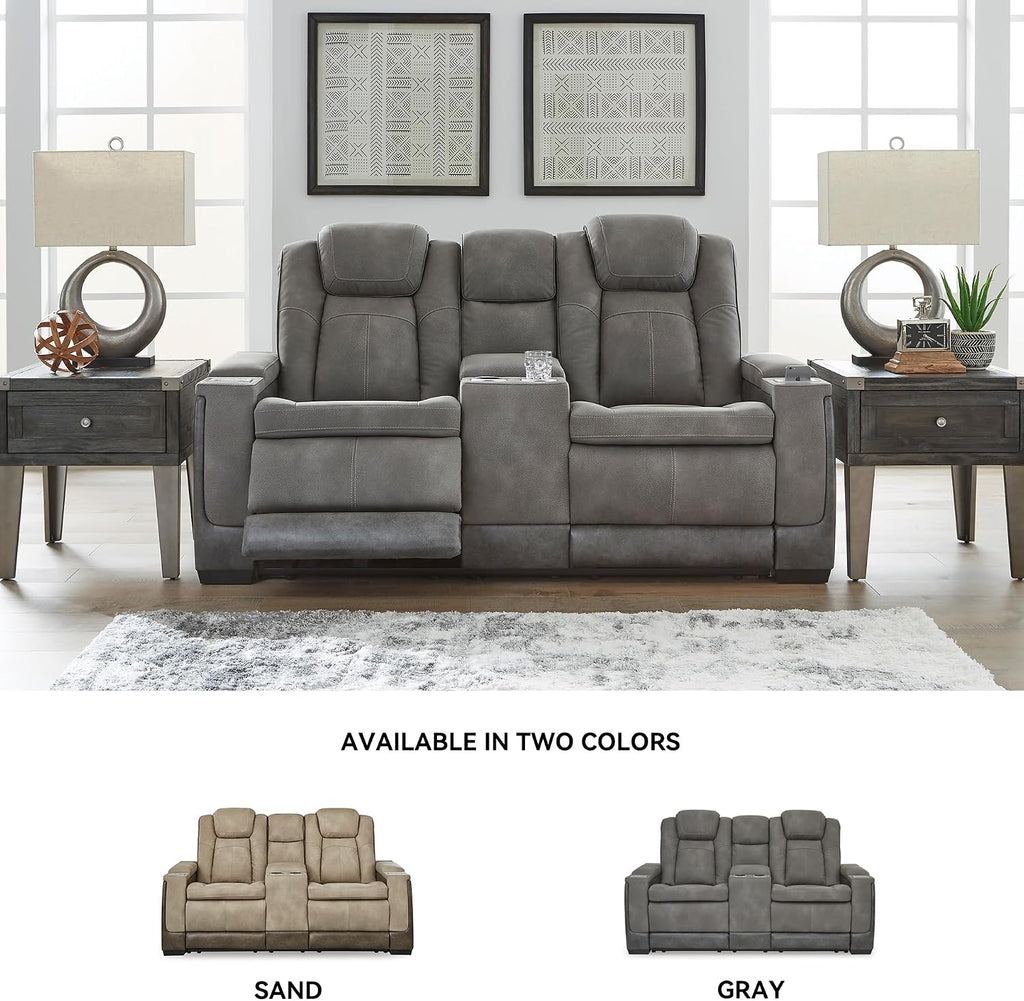 Signature Design by Ashley Power Reclining Loveseat with Console, Gray | Water-resistant faux leather, Zero-gravity recline, Easy View adjustable headrest, Wireless charging, Next-Gen Durapella
