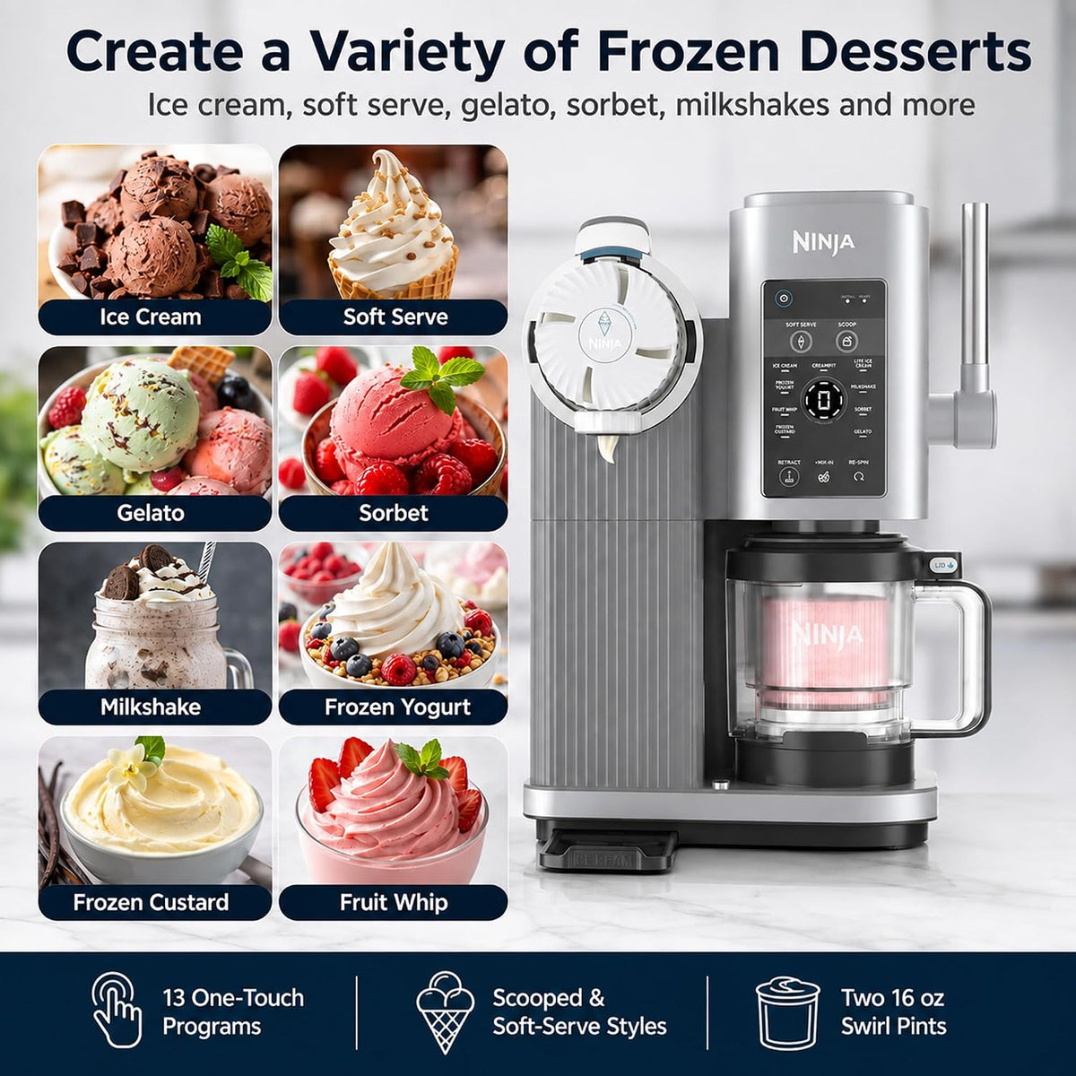 Ninja NC701 CREAMi Swirl 13-in-1 Soft Serve Ice Cream Machine (Renewed) Bundle with 2 YR CPS Enhanced Protection Pack