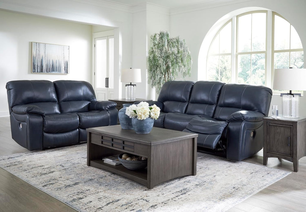 Signature Design by Ashley Leesworth Power Reclining Loveseat, Ocean Blue | Space-saving zero wall design, Top grain leather touchpoints, Built-in zero-draw USB ports, 32 in minimum doorway width