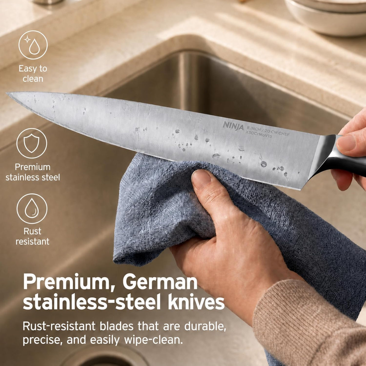 Ninja® NeverDull® 10-Pc German Steel Knife Set, Black, NK32010BK1 | Stays razor-sharp 10+ years. Premium German steel. Removable sharpener stores in a drawer saving up to 35% more counter space