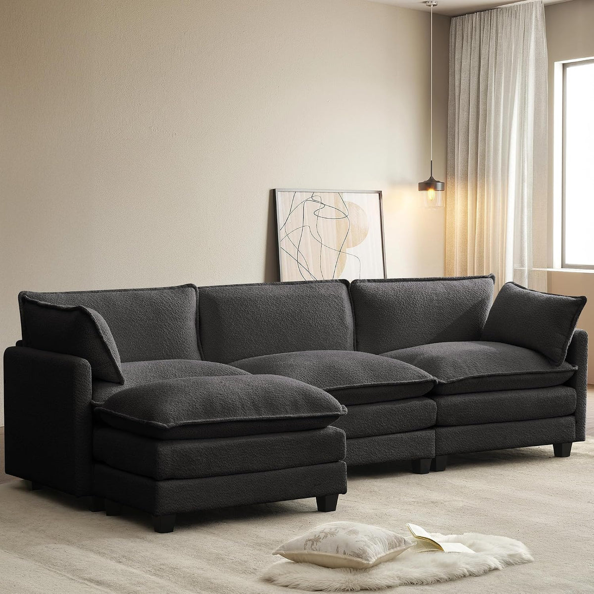 ROWHY 112'' Sectional Modular Cloud Couch, Oversized 5 Seat Couches U Shaped Sofa with 2 Movable Ottomans, 2 Throw Pillows, Upholstered Corduroy U Shape Comfy Deep Couches for Living Room, Beige