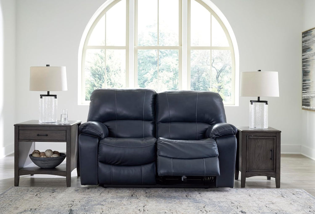 Signature Design by Ashley Leesworth Power Reclining Loveseat, Ocean Blue | Space-saving zero wall design, Top grain leather touchpoints, Built-in zero-draw USB ports, 32 in minimum doorway width