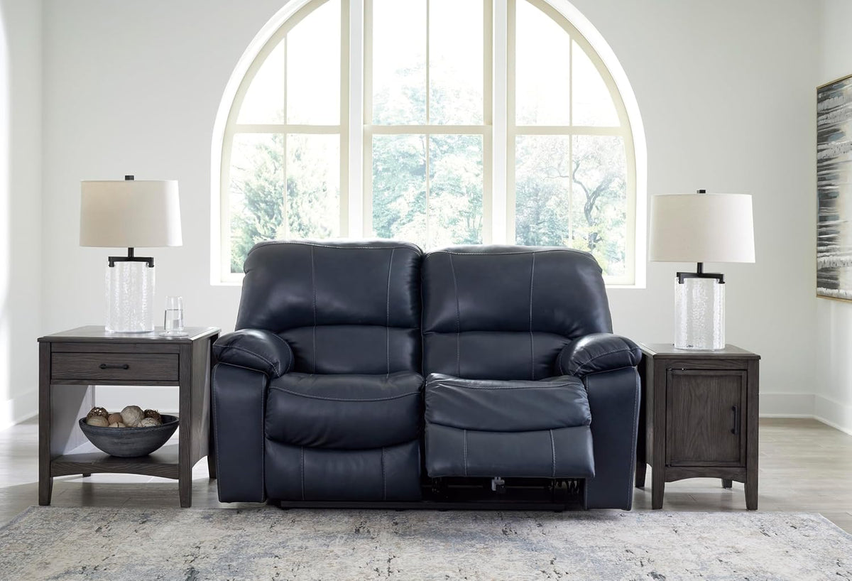 Signature Design by Ashley Leesworth Power Reclining Loveseat, Ocean Blue | Space-saving zero wall design, Top grain leather touchpoints, Built-in zero-draw USB ports, 32 in minimum doorway width