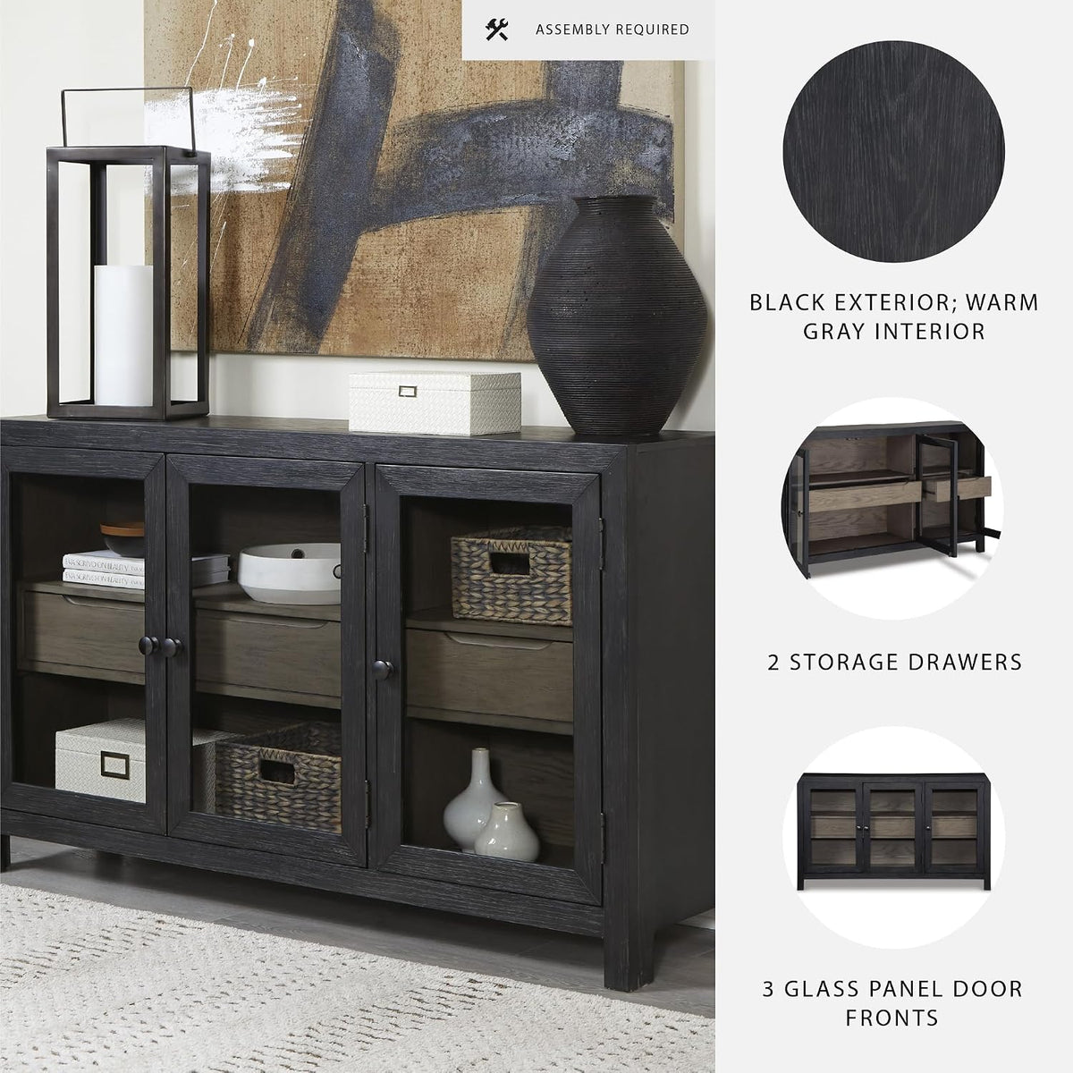 Signature Design by Ashley 60" Black Buffet Accent Cabinet, 3 Glass Doors | Sturdy oak veneer frame, High-contrast warm gray interior, Smooth-glide drawers, Lenston Series