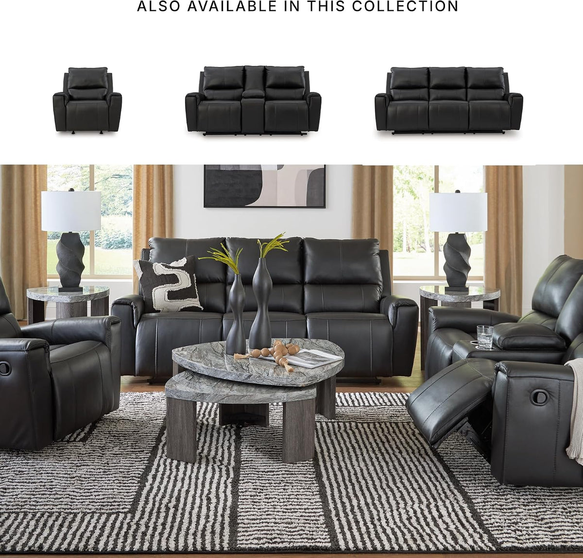 Signature Design by Ashley Leather Reclining Loveseat with Console, Black | Combination of leather and faux leather, Dual manual pull-tabs, Integrated center storage, Glassmere Series