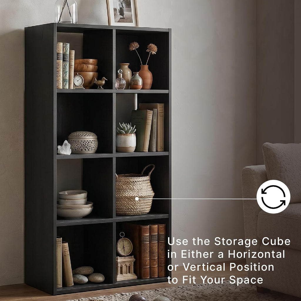 Signature Design by Ashley 8 Cube Storage Organizer, Black Bookcase | Engineered wood and decorative laminate, Dual-position vertical or horizontal setup, Fits 10.5-inch bins, Langdrew Series