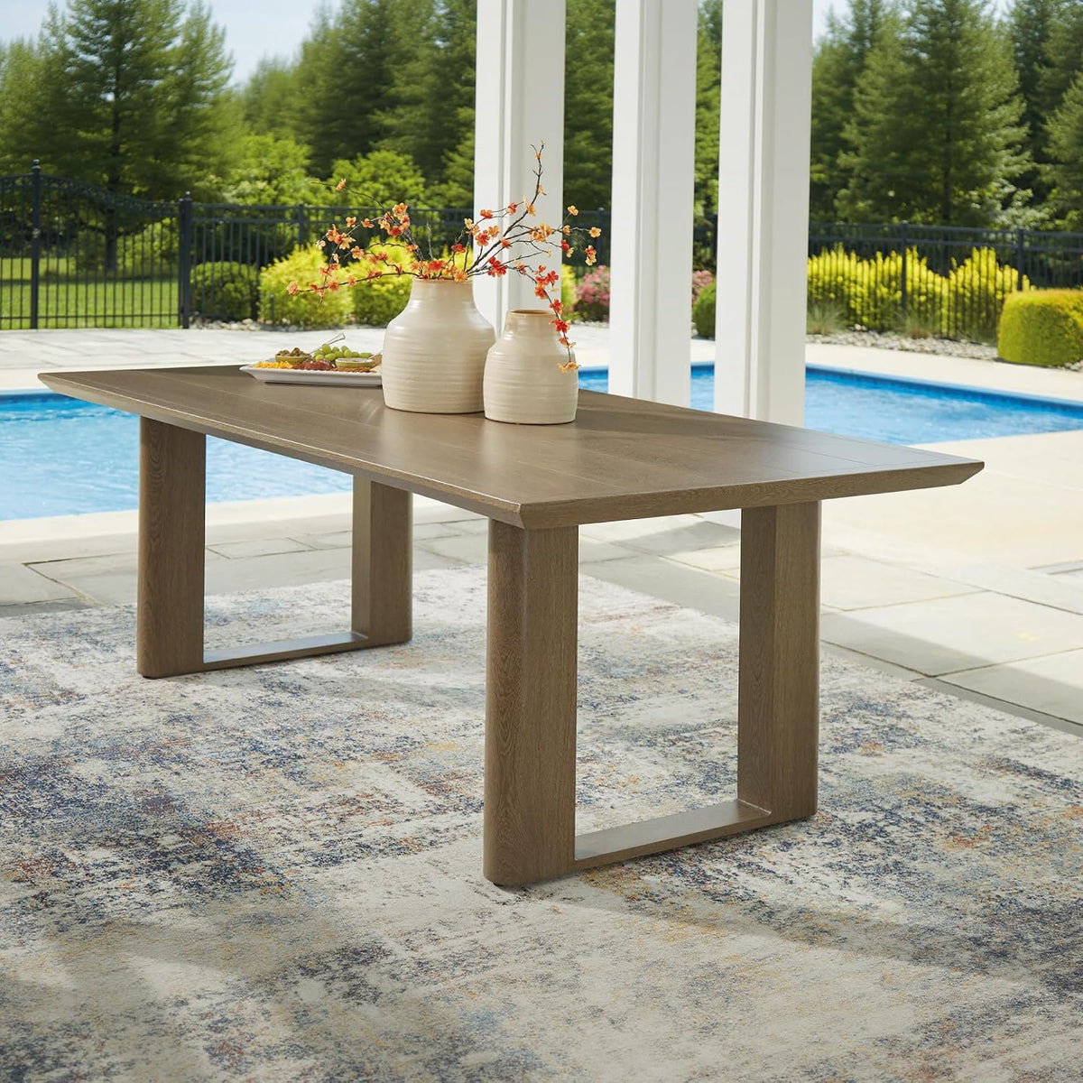 Signature Design by Ashley Serene Bay 6-Person Outdoor Dining Table | 84-inch rectangular patio dining table with wood-look finish, Rust-resistant aluminum frame, Built-in umbrella hole