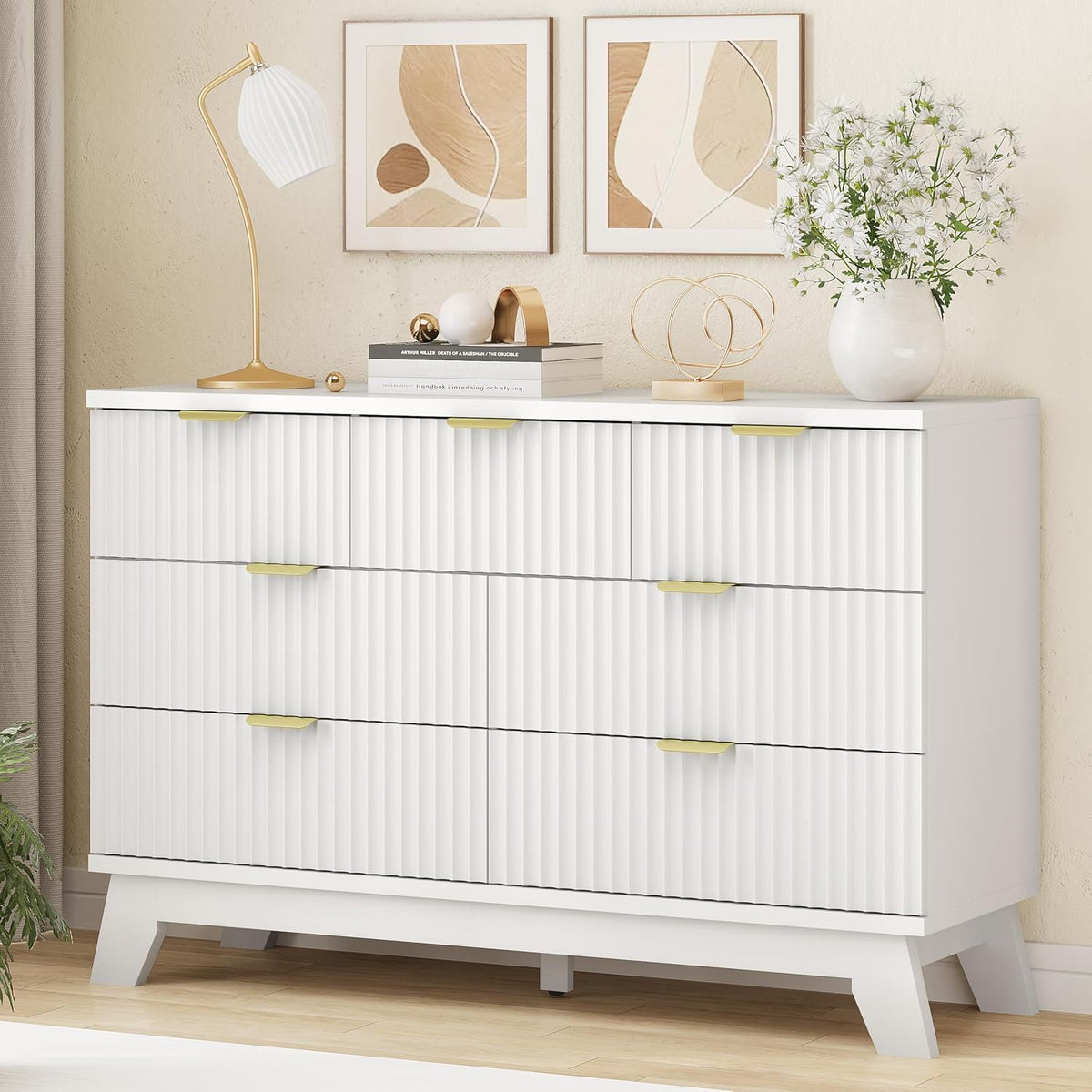 Xixini Fluted Dresser for Bedroom with 9 Drawers, 57" Wide Modern Chest of Drawers with Metal Handle, Wooden Dresser TV Stand, Wood Closet Clothes Storage Organizer for Living Room, Hallway, Walnut