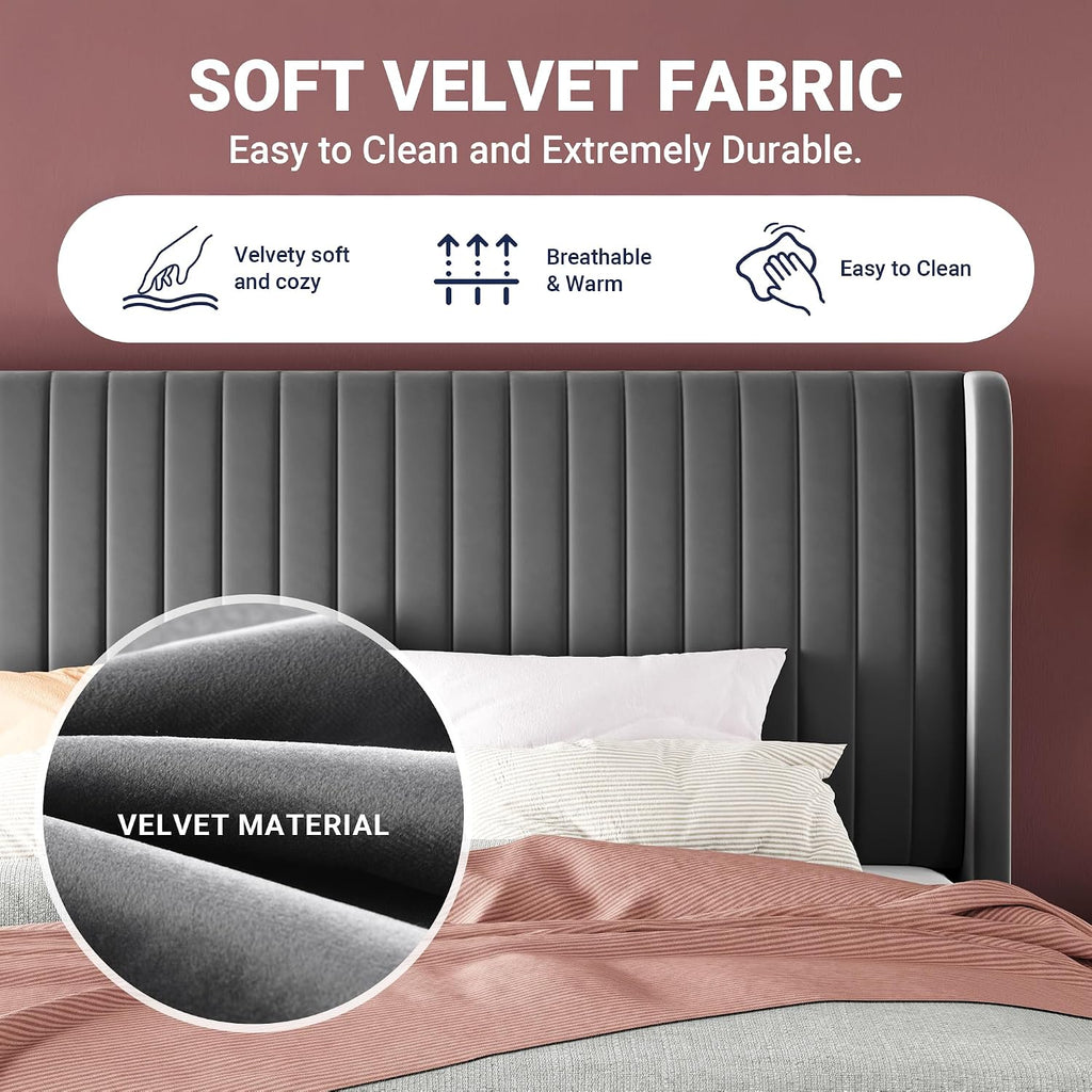 Allewie Queen Size Velvet Bed Frame/Vertical Channel Tufted Wingback Headboard/Upholstered Platform Bed/Strong Wooden Slats/No Box Spring Needed/Easy Assembly/Grey