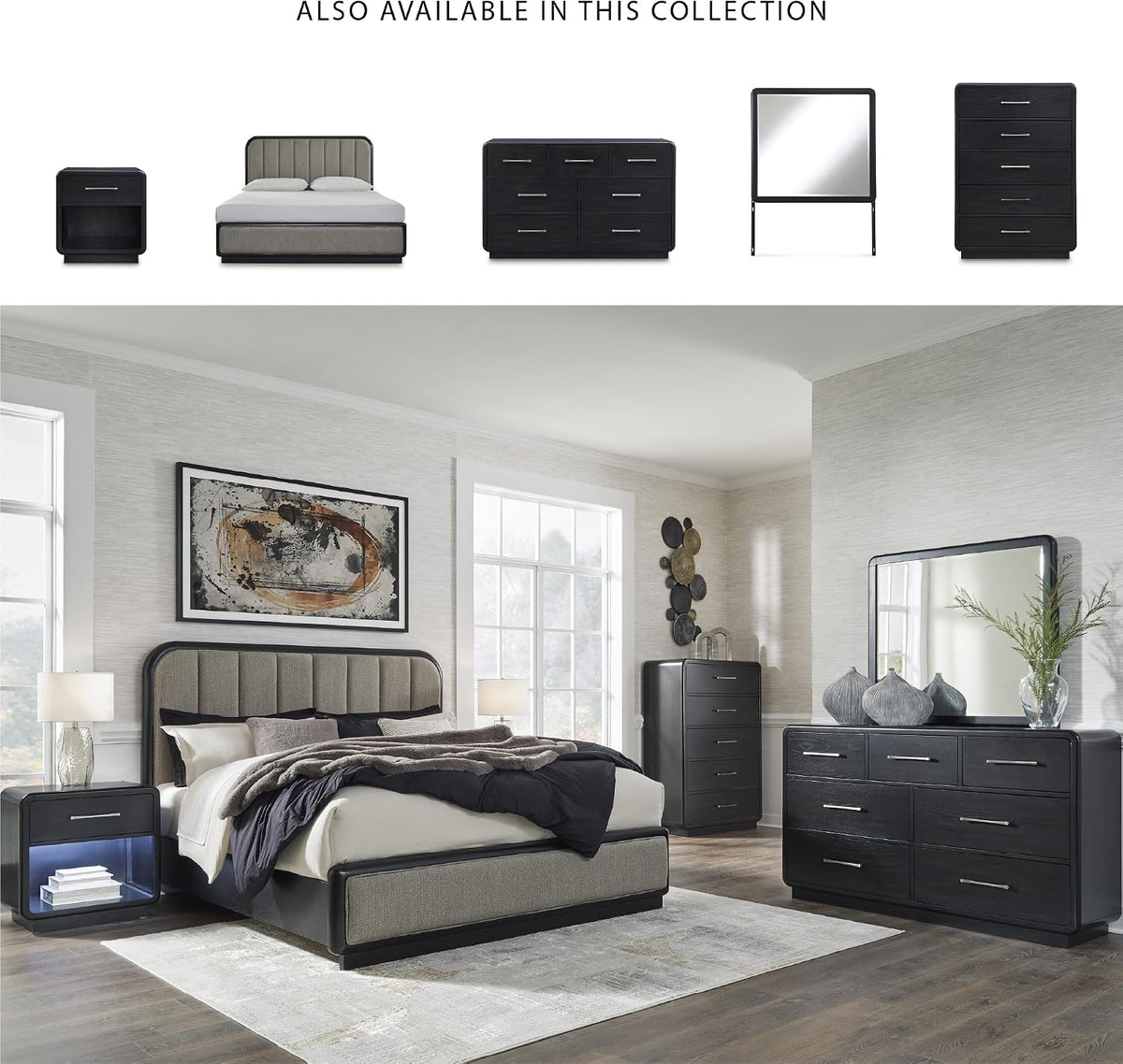 Signature Design by Ashley Rowanbeck Dresser, Black Wood 7 Drawer Chest for Bedroom, Hardwood Solids and Ash Veneer, Contemporary Storage for Master Suites, Black, 64" W