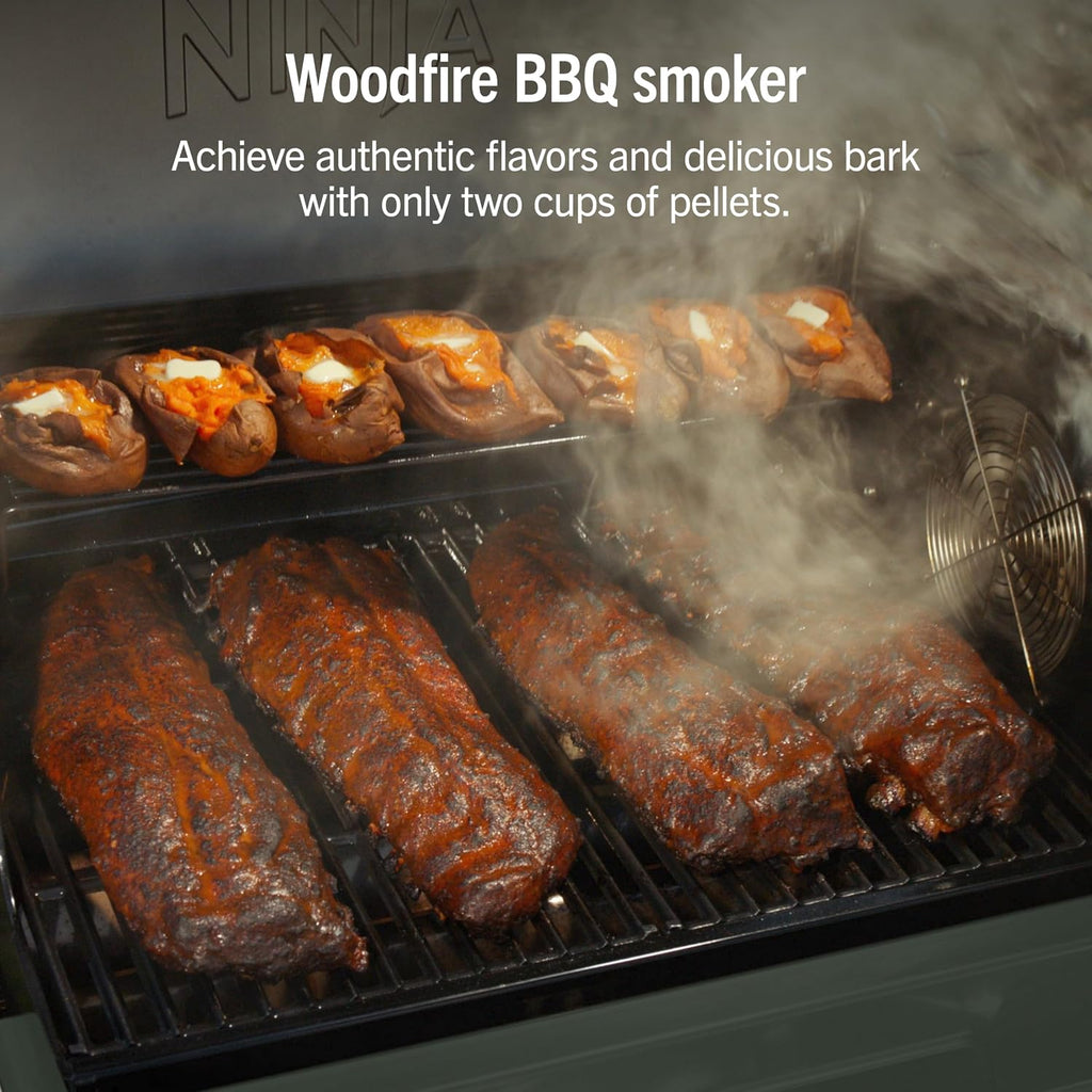 Ninja FlexFlame Grill & Smoker, Electric & Propane, 5-in-1, Green, PG301GN | Ninja FlexFlame is a 5-in-1 grill, smoker & griddle with precise 200-600°F control, fitting 3 chickens or 4 rib racks
