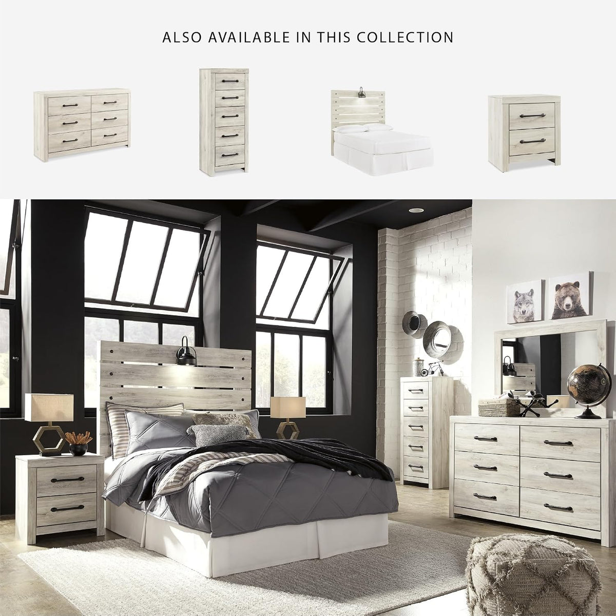 Signature Design by Ashley Cambeck 6 Drawer Dresser, Farmhouse White Wood | 59"W double dresser in engineered wood and decorative laminate, 6 drawers with faux linen lining, Includes tip restraint