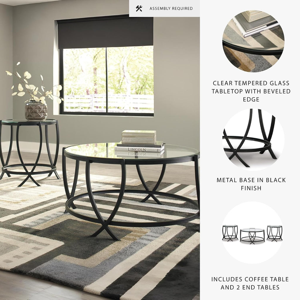 Signature Design by Ashley 3-Piece Glass Top Round Coffee Table Set, Black | Elegant beveled tempered glass, Modern arc-X metal frames, Space-saving Tarrin Series 3-piece set