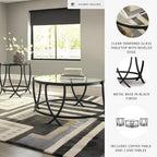 Signature Design by Ashley 3-Piece Glass Top Round Coffee Table Set, Black | Elegant beveled tempered glass, Modern arc-X metal frames, Space-saving Tarrin Series 3-piece set