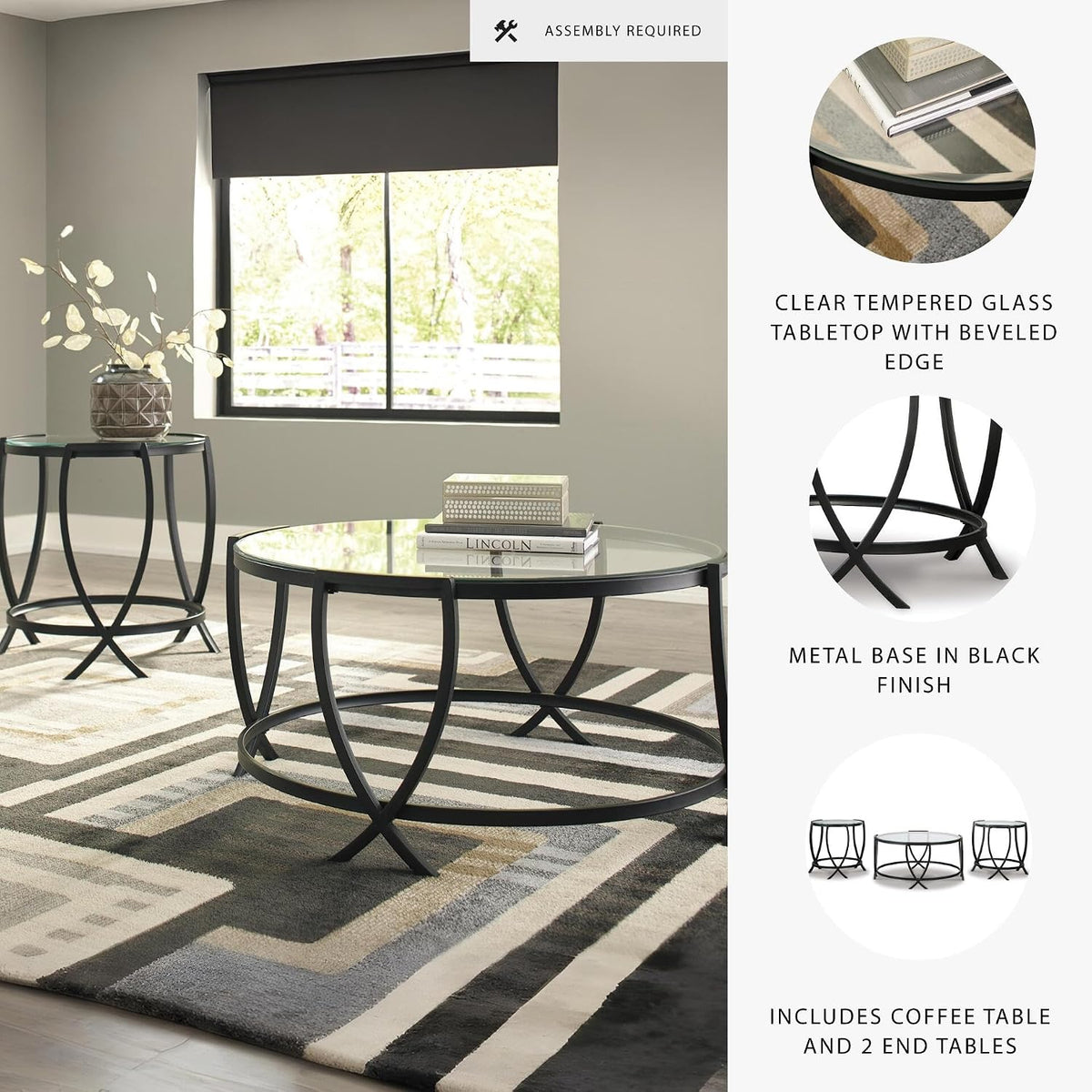 Signature Design by Ashley 3-Piece Glass Top Round Coffee Table Set, Black | Elegant beveled tempered glass, Modern arc-X metal frames, Space-saving Tarrin Series 3-piece set