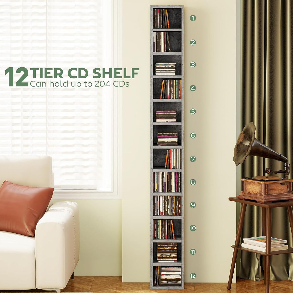 HOMCOM 204 CD Storage Unit Narrow CD Rack 12 Tiers 175 cm, Grey