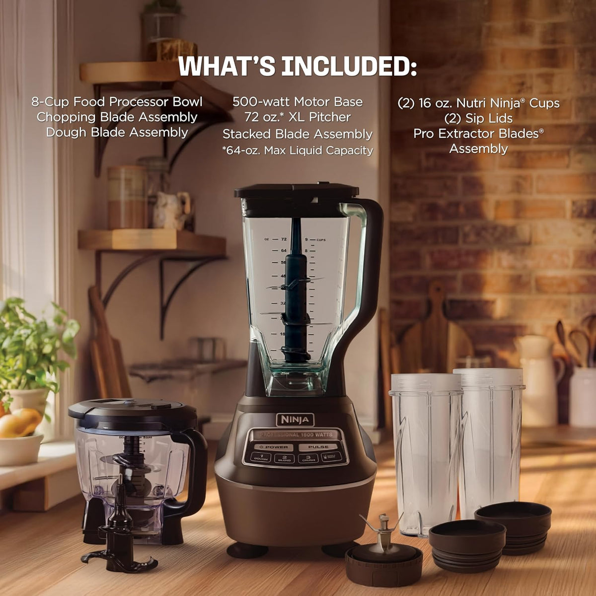 Ninja Mega Kitchen System, 1500W, 72oz Pitcher, 8-Cup, Black, BL770 | 1500W all-in-one blends smoothies, processes salsa & dough. 72-oz pitcher, 8-cup processor bowl, (2) 16-oz cups.
