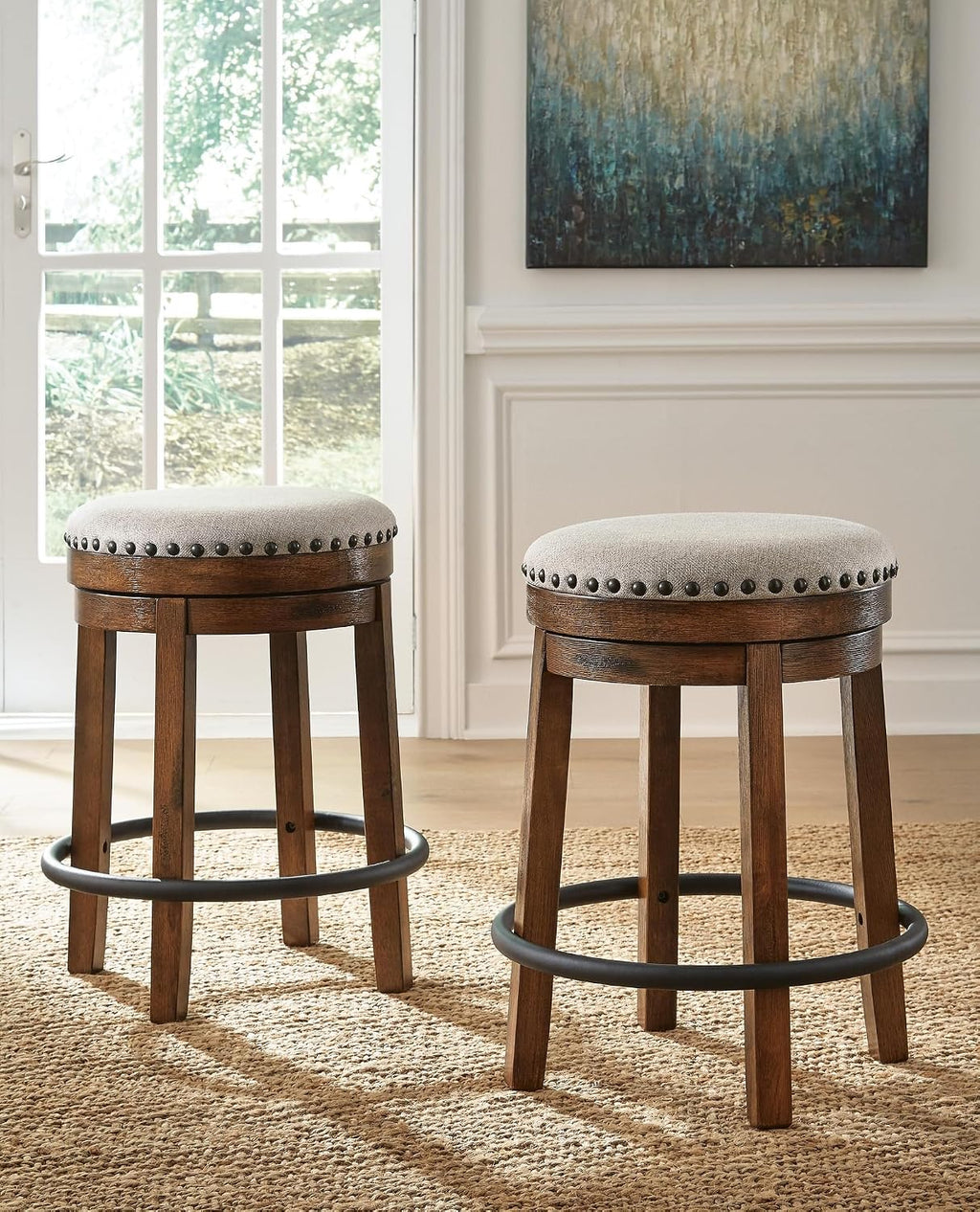 Signature Design by Ashley Valebeck Swivel Counter Height Bar Stool, 24 in | Backless cushioned seat, 360-degree swivel, Dark brown wood & black metal base, Kitchen island seating, Rustic style