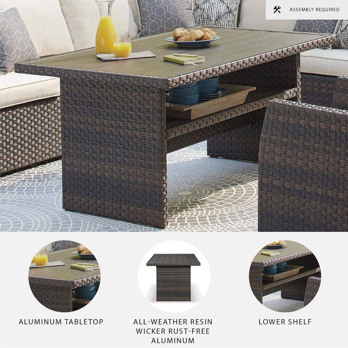 Signature Design by Ashley Outdoor Easy Isle Multi-Use Resin Wicker Patio Table, Dark Brown