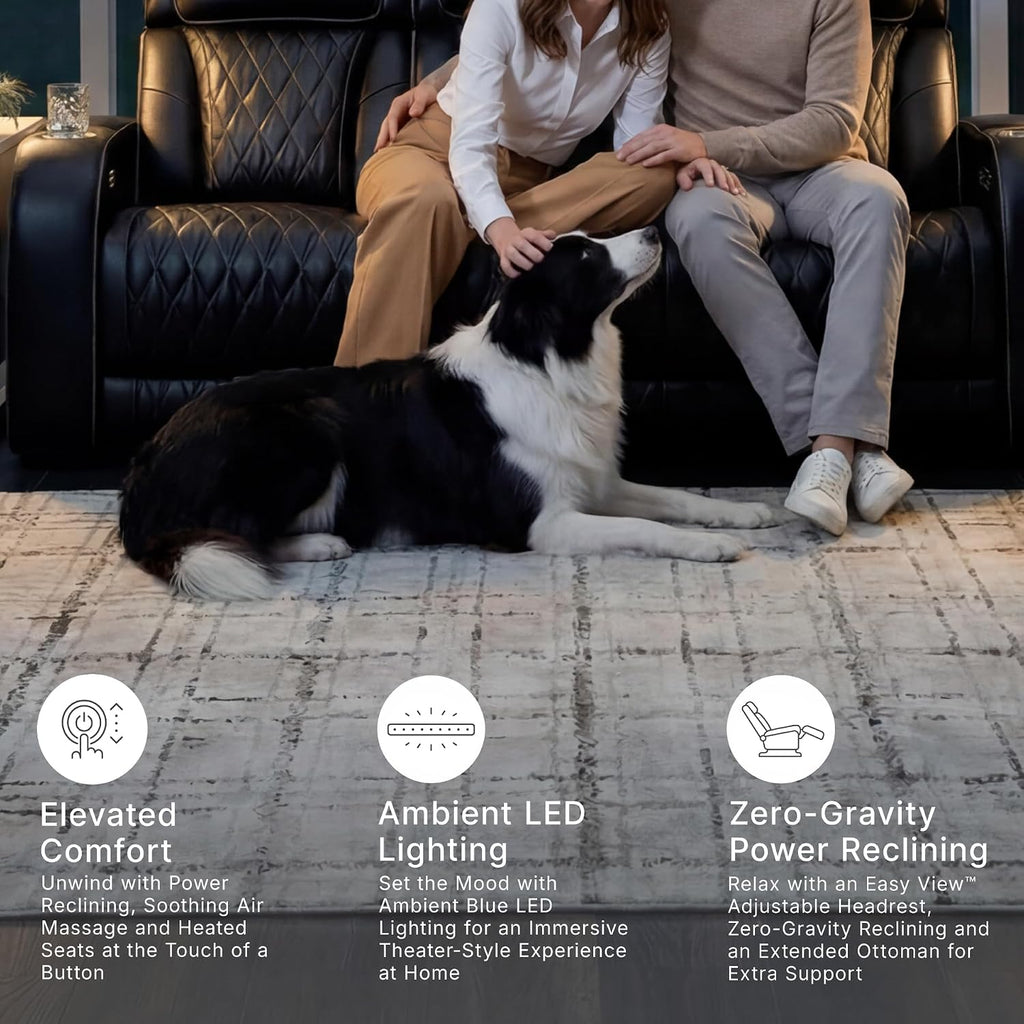 Signature Design by Ashley 3-Seater Leather Power Reclining Sofa, Black | 3-seater power headrest sofa with zero-gravity massage and heat, Drop-down table and arm storage, Boyington Series