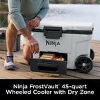 Ninja FrostVault™ 45qt Cooler with Wheels, Dry Storage Drawer, White | Ninja FrostVault's 45-qt capacity holds 68 cans, keeps food cool & dry, and rolls easily on all-terrain wheels