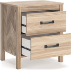 Signature Design by Ashley Battelle Nightstand, Mid Century Modern 2 Drawer Bedside Table, Engineered Wood Construction for Bedroom Storage, Light Oak Finish, 22 inches W