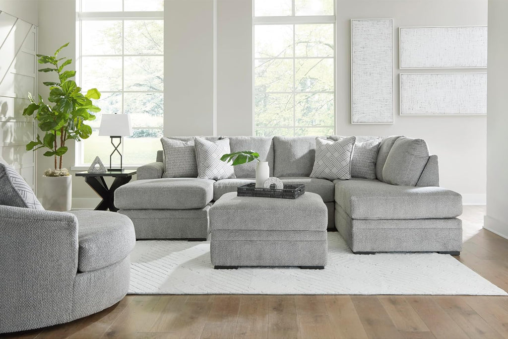 Signature Design by Ashley Square Ottoman with Storage and Cup Holders | Cement gray 100% polyester velvet, No assembly required, Faux wood legs, Casselbury Series