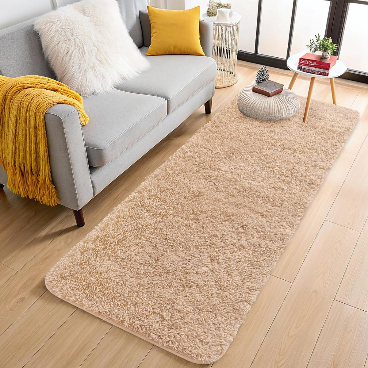 OLANLY Beige Round Rugs for Bedroom - Machine Washable, 4 ft Circle Area Rugs for Living Room, Soft and Fluffy Shaggy Carpet for Teen Girls and Boys, Nursery Rooms, Dorms, Home Decor Aesthetic