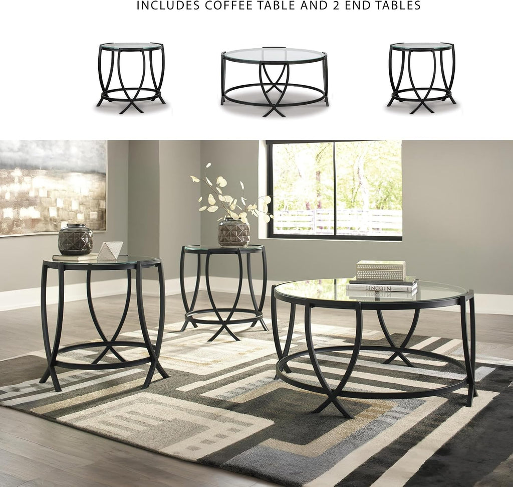 Signature Design by Ashley 3-Piece Glass Top Round Coffee Table Set, Black | Elegant beveled tempered glass, Modern arc-X metal frames, Space-saving Tarrin Series 3-piece set