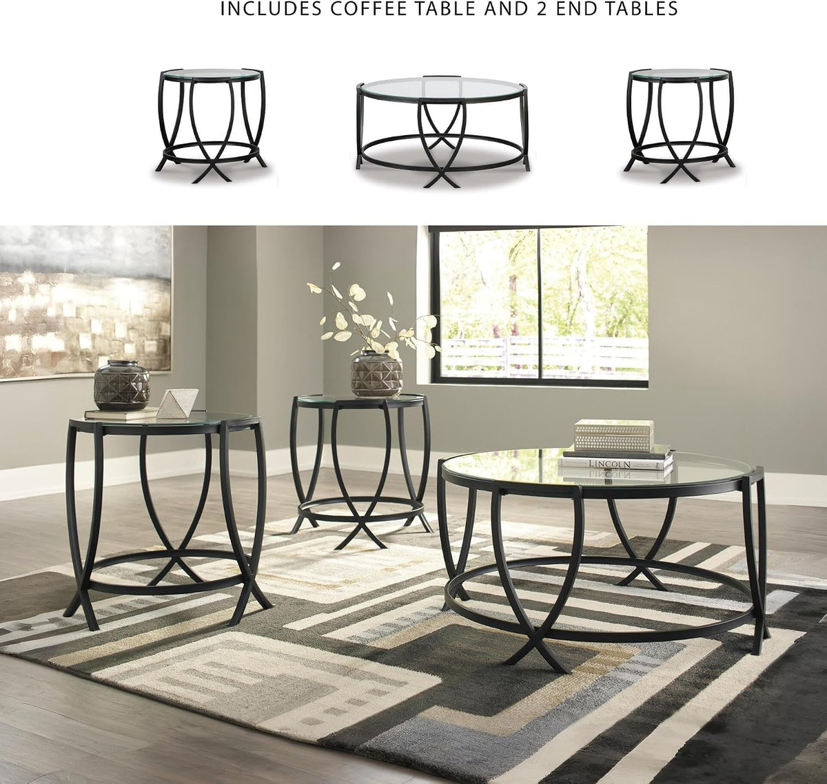 Signature Design by Ashley 3-Piece Glass Top Round Coffee Table Set, Black | Elegant beveled tempered glass, Modern arc-X metal frames, Space-saving Tarrin Series 3-piece set