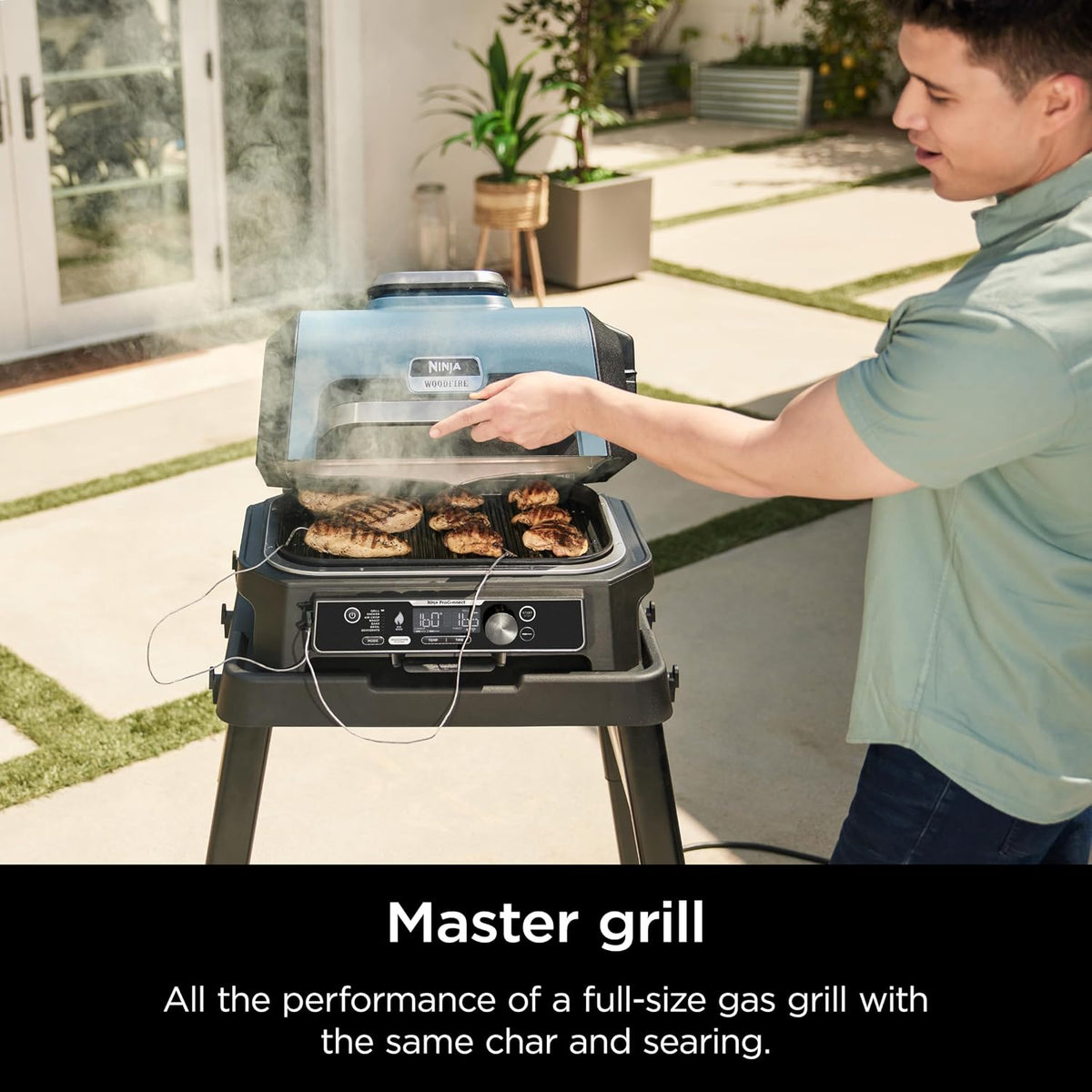 Ninja Woodfire ProConnect Premium XL BBQ Grill, 7-in-1, App Enabled, Blue | 180 sq in of cooking space with app-connected dual thermometers, and real wood-fired flavor