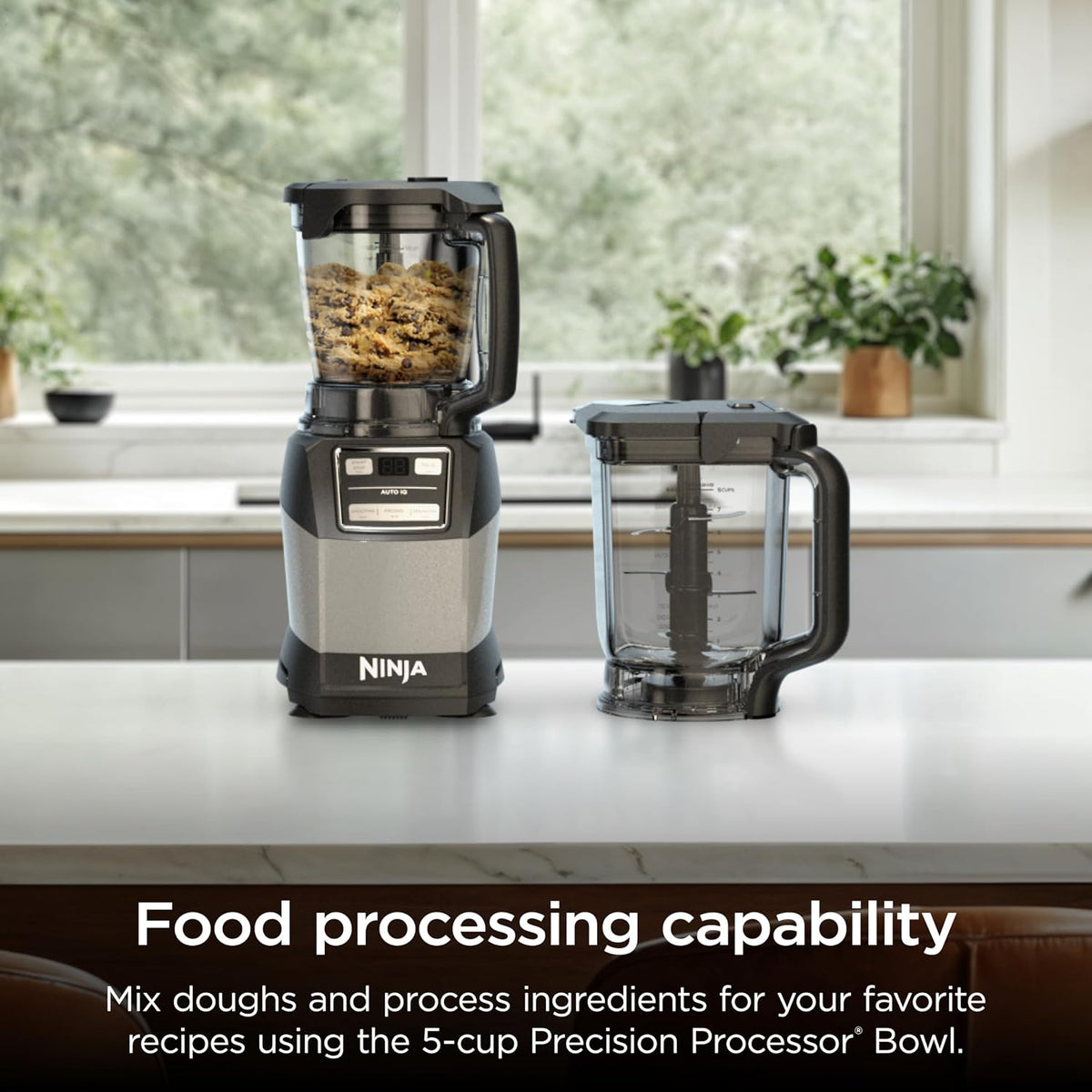 Ninja Compact Kitchen System, Auto-iQ, 1200W, 72oz Pitcher, Grey, AMZ493BRN | 3 functions for smoothies, dough & frozen drinks with Auto-iQ. 72-oz pitcher, 40-oz processor bowl, 18-oz cup.