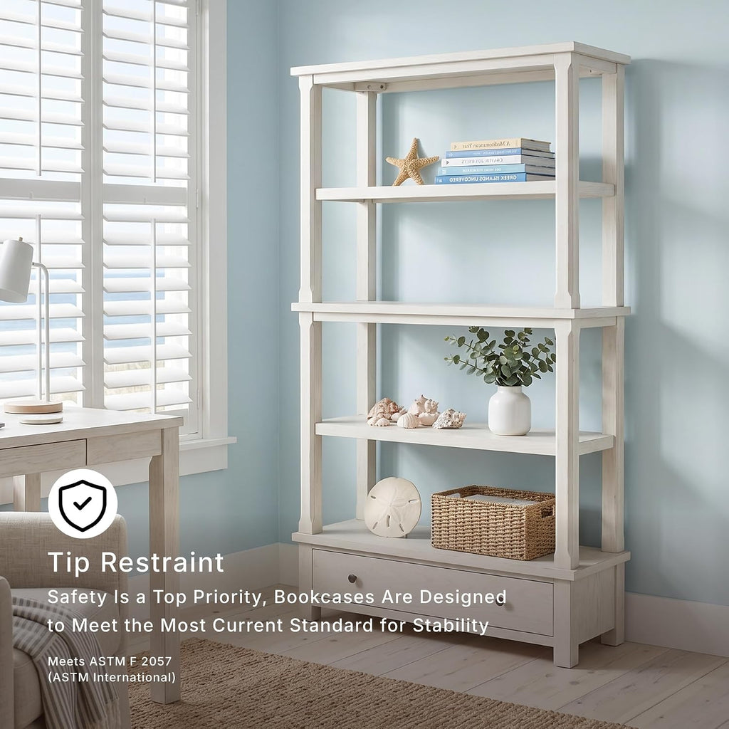 Signature Design by Ashley Robbinsdale 75" Farmhouse Bookcase with Drawer | Hardwood solids and oak veneer, 75 inch tall bookshelf with drawer, Antique white finish, 14 to 17 inch deep fixed shelves