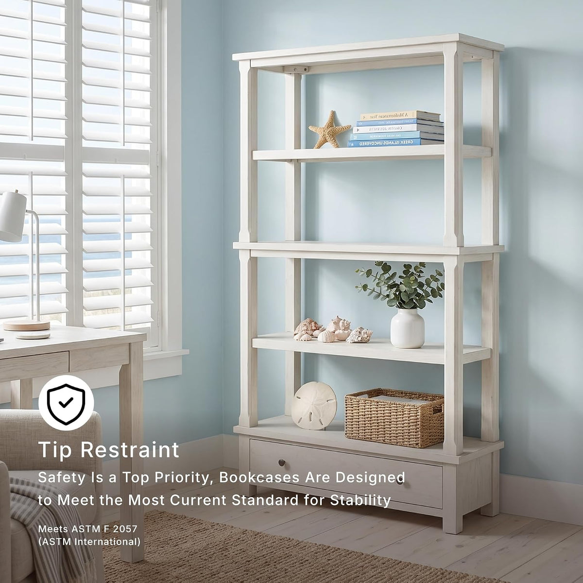 Signature Design by Ashley Robbinsdale 75" Farmhouse Bookcase with Drawer | Hardwood solids and oak veneer, 75 inch tall bookshelf with drawer, Antique white finish, 14 to 17 inch deep fixed shelves