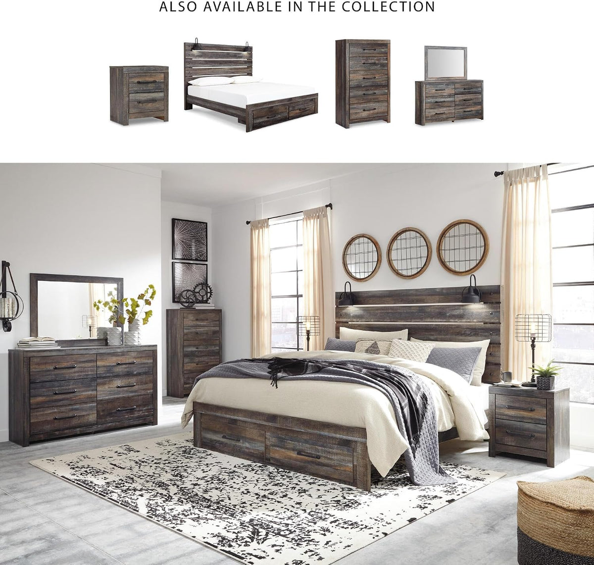 Signature Design by Ashley Drystan Rustic 2 Drawer Nightstand, USB-C | Engineered wood, Weatherworn brown finish, 2 faux-linen lined drawers, Dual USB-C ports, Small space solution