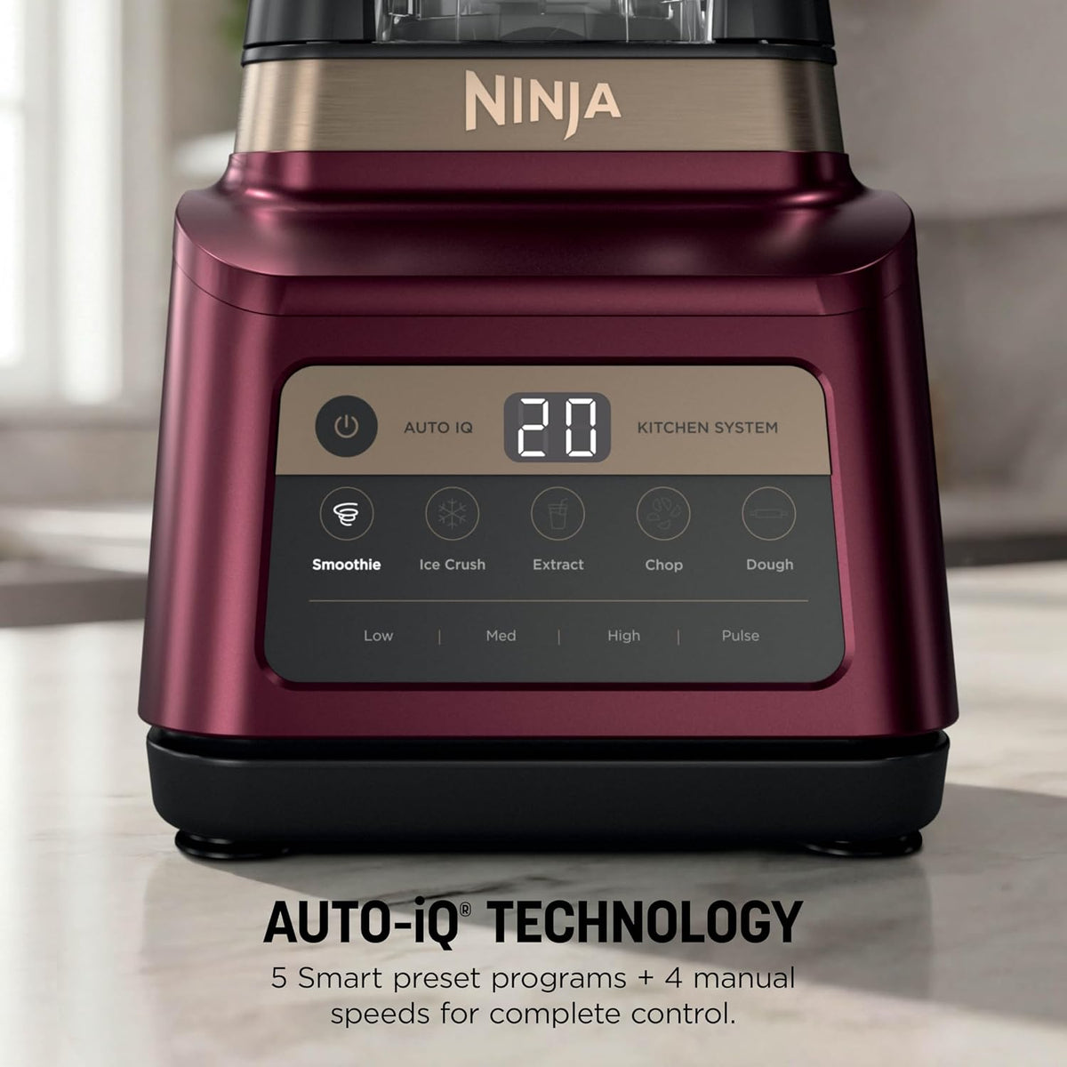 Ninja Professional Plus Kitchen System, 1400WP, Auto-iQ, Red, BN801RD1BRN | 5 functions for smoothies, chopping & dough with Auto-iQ. 72-oz blender pitcher, 64-oz processor, (2) 24-oz cups.