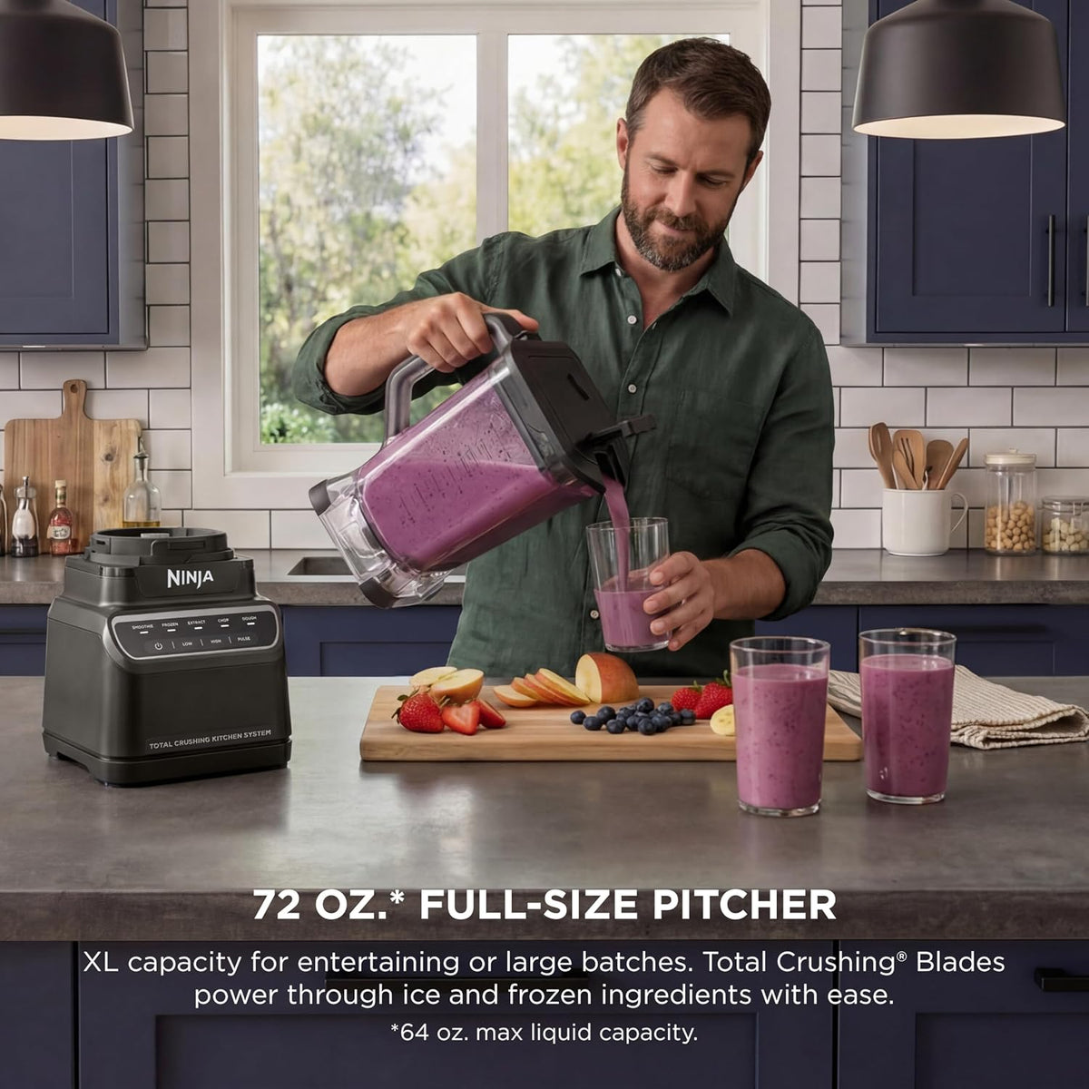 Ninja Kitchen System All-in-One, 72oz Pitcher, 8-Cup, 1200W, Grey, BR601AMZ | Blends smoothies & frozen drinks, processes salsa & dough. 72-oz pitcher, 8-cup processor bowl, (2) 18-oz cups.