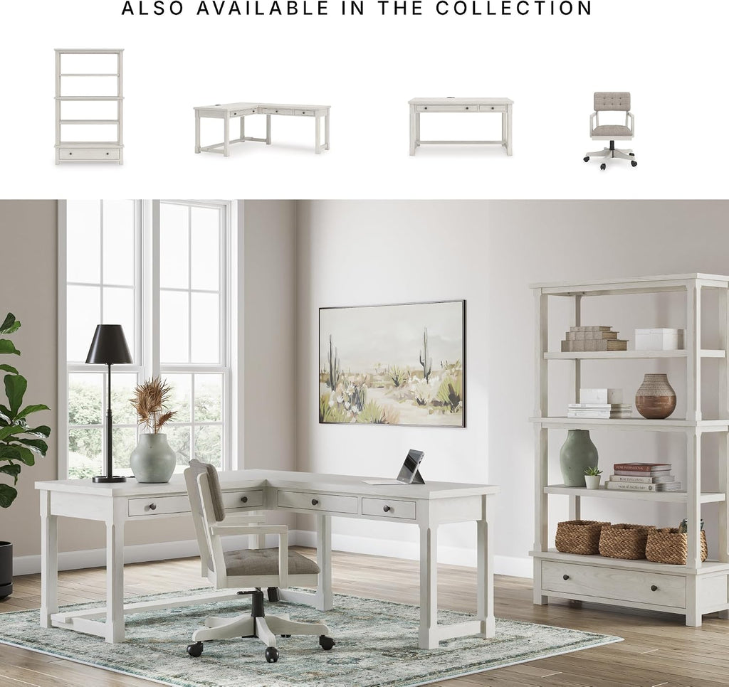 Signature Design by Ashley Robbinsdale 75" Farmhouse Bookcase with Drawer | Hardwood solids and oak veneer, 75 inch tall bookshelf with drawer, Antique white finish, 14 to 17 inch deep fixed shelves