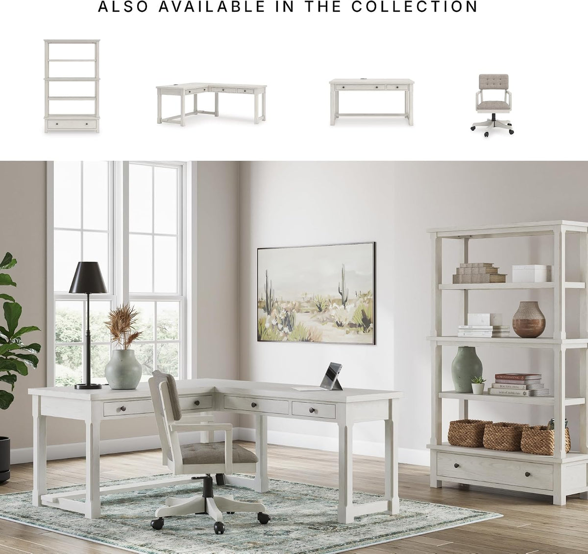 Signature Design by Ashley Robbinsdale 75" Farmhouse Bookcase with Drawer | Hardwood solids and oak veneer, 75 inch tall bookshelf with drawer, Antique white finish, 14 to 17 inch deep fixed shelves