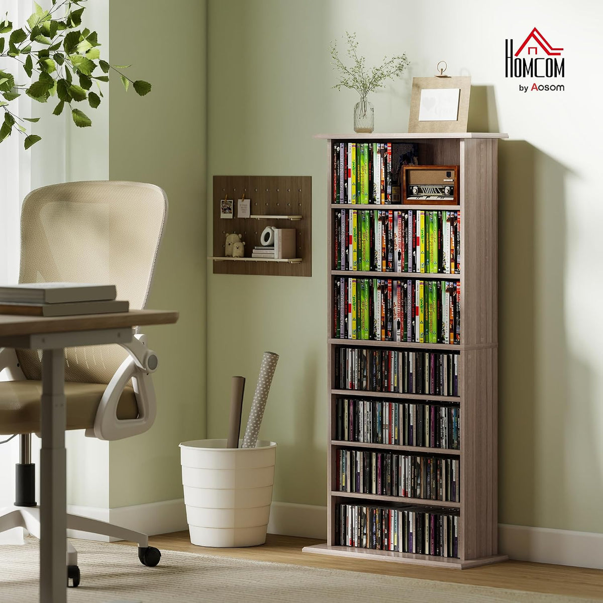 HOMCOM 360 CD/185 DVD Storage Unit 6 Adjustable Shelves Natural Wood Finish
