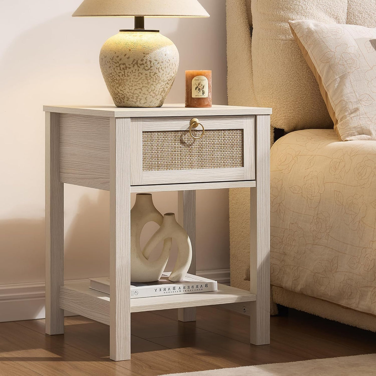 SICOTAS Rattan Nightstand Set of 2 with Storage Shelf, Boho Bedside Tables