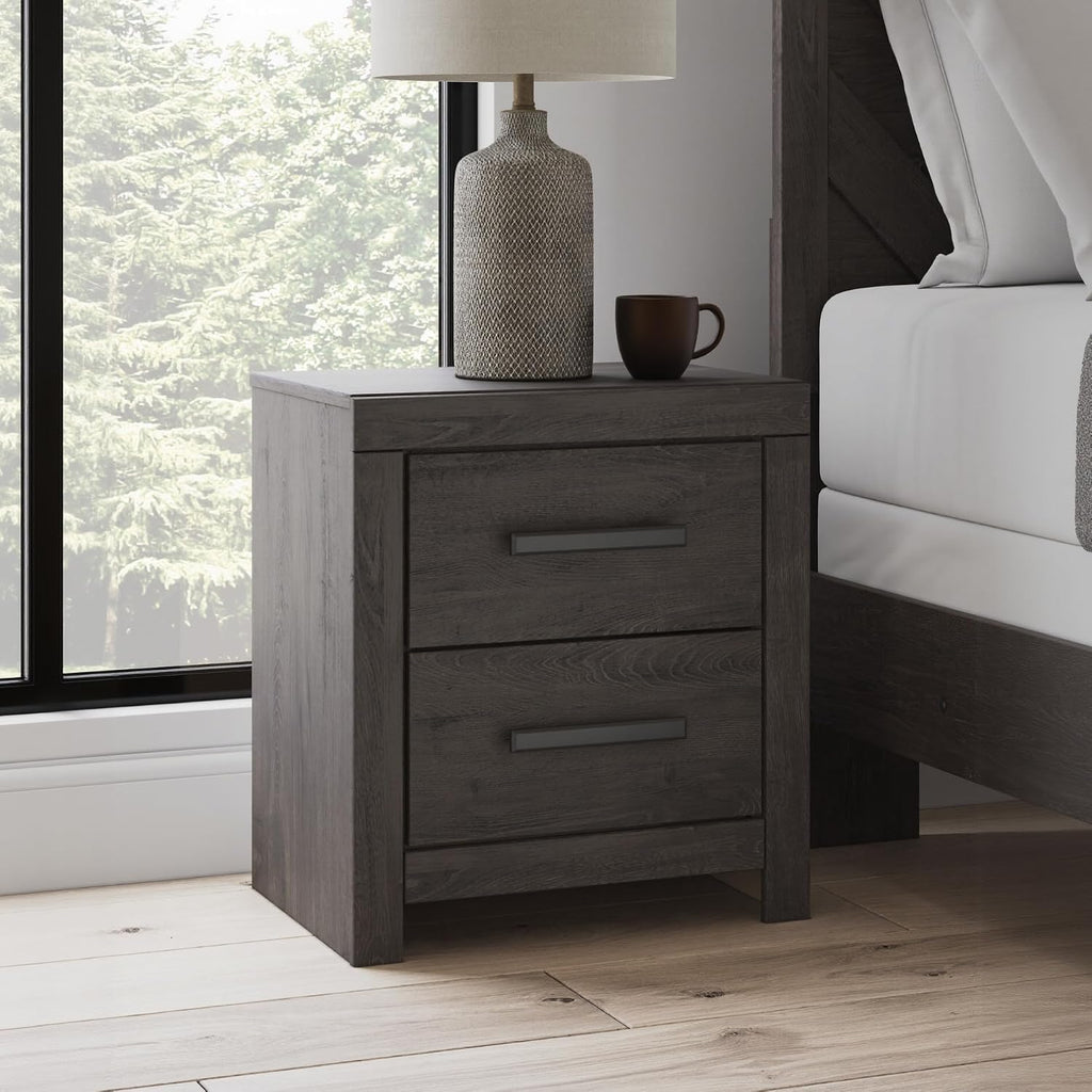 Signature Design by Ashley 2 Drawer Grey Nightstand, Charcoal, Prendonea | Engineered wood with decorative laminate, Smooth-gliding drawers, Replicated oak texture, Sturdy 41 lb solid frame