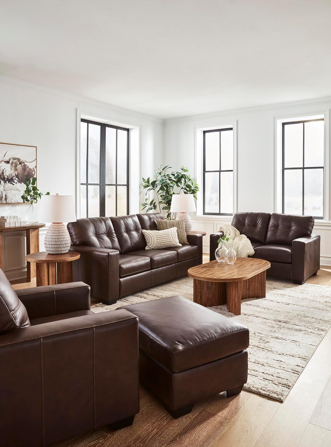 Signature Design by Ashley Santorine Contemporary Leather and Faux Leather Rectangular Ottoman, Top Grain Cushion, Rectangular Footrest and Coffee Table for Living Room, 34" W, Dark Brown