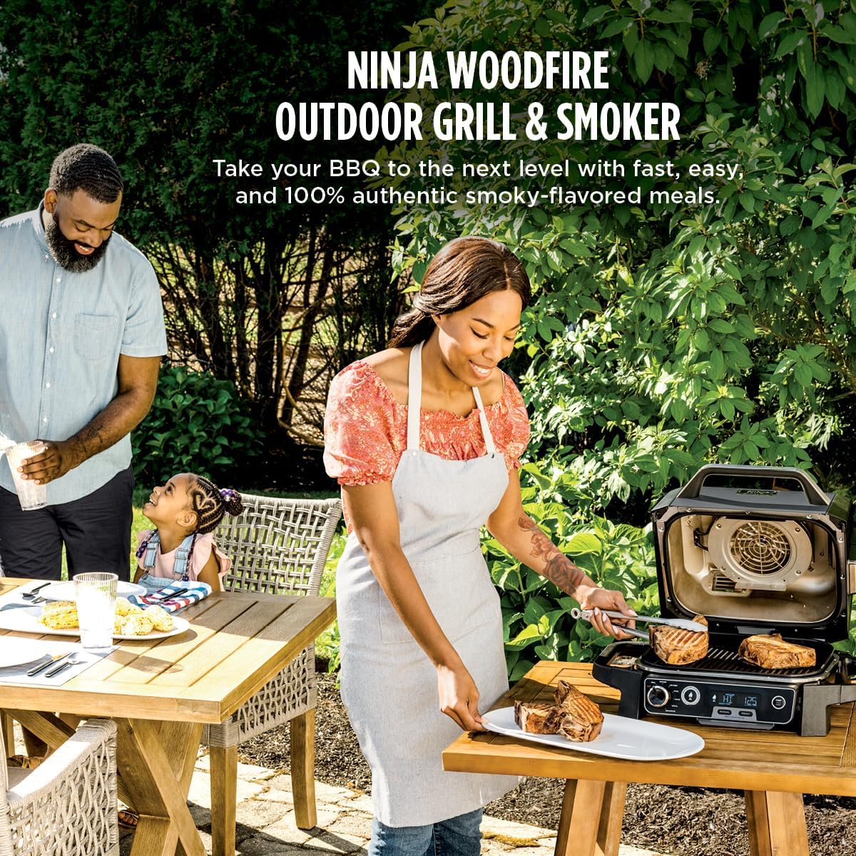 Ninja Woodfire™ Pro Outdoor Grill with Built-in Thermometer, OG751 | Ninja Woodfire Pro Grill uses wood pellets & electric power, with a built-in thermometer for perfect, no-guesswork cooking