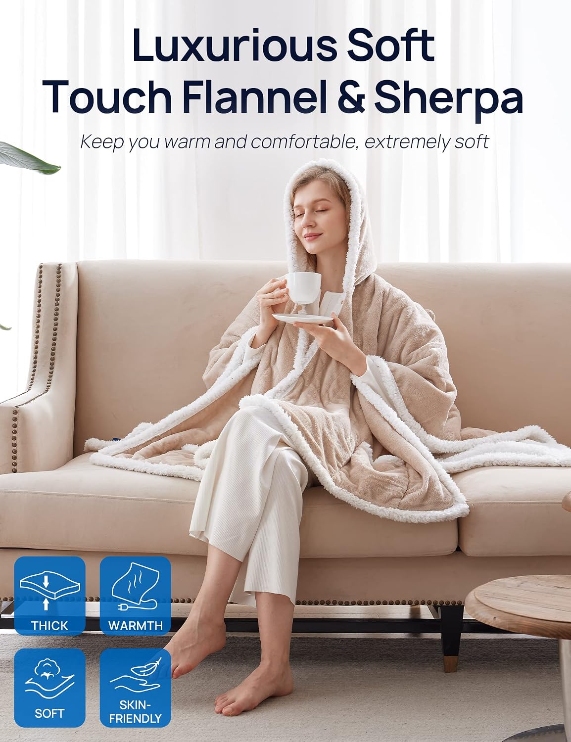 Westinghouse Wearable Heated Throw Blanket Flannel Sherpa 50x60 Inch Beige