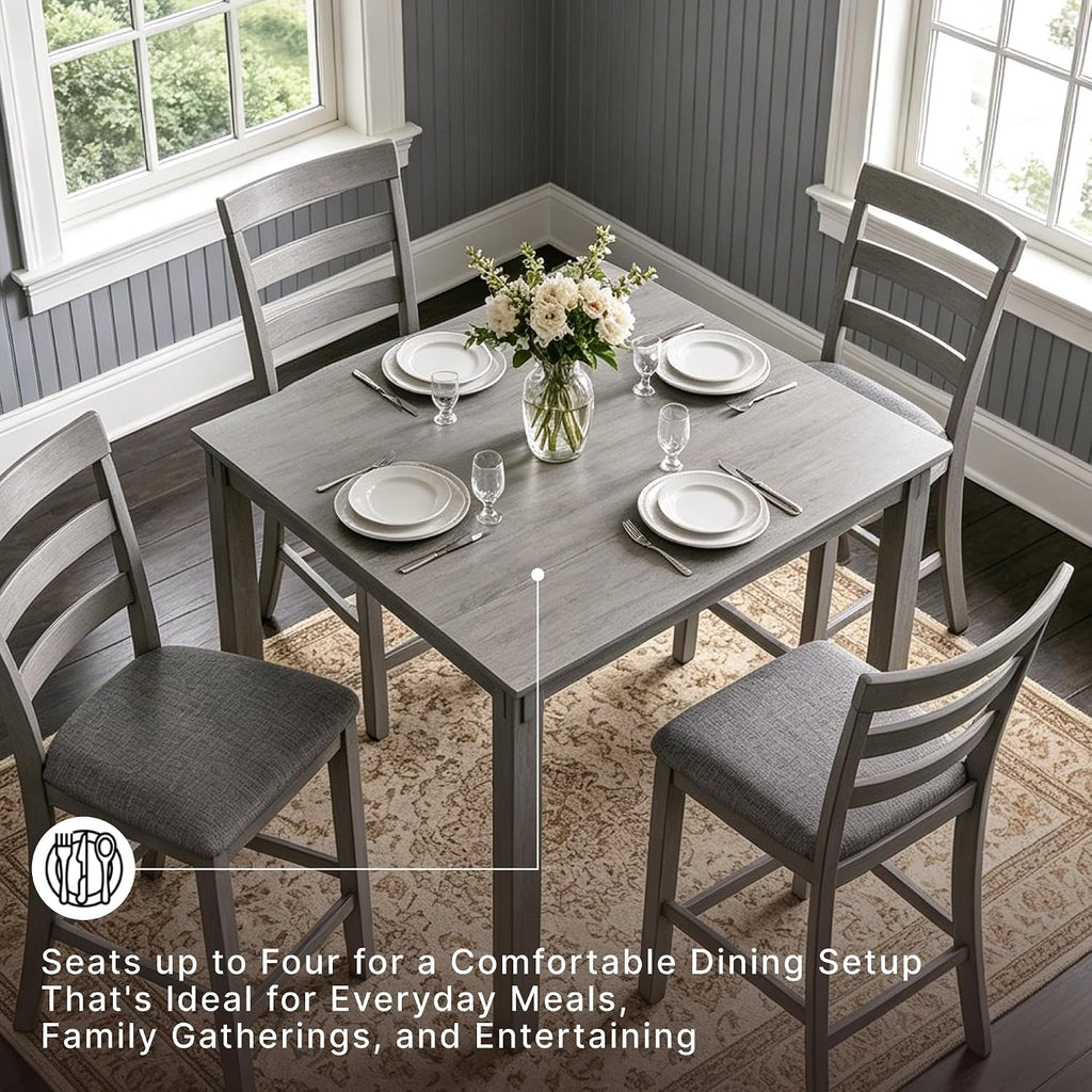 Signature Design by Ashley 5-Piece Square Counter Height Dining Set, Gray | Textured gray polyester fabric with wood, veneer and engineered wood, Small kitchen table for 4, Bridson Series